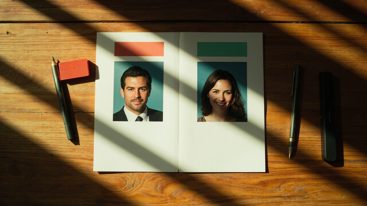 Two printed passport-style headshots side by side on a warm wooden desk, one softly flagged and one corrected, with blank check and cross cards