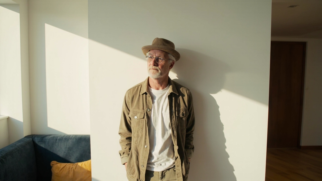 An American traveler in their late 30s standing a short distance from a true white wall in a sunlit US home, lit evenly by daylight from a side window