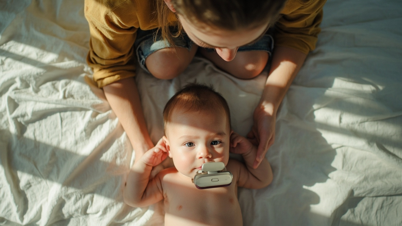 Overhead view of an American parent photographing a baby lying on a plain white sheet with a phone held directly above