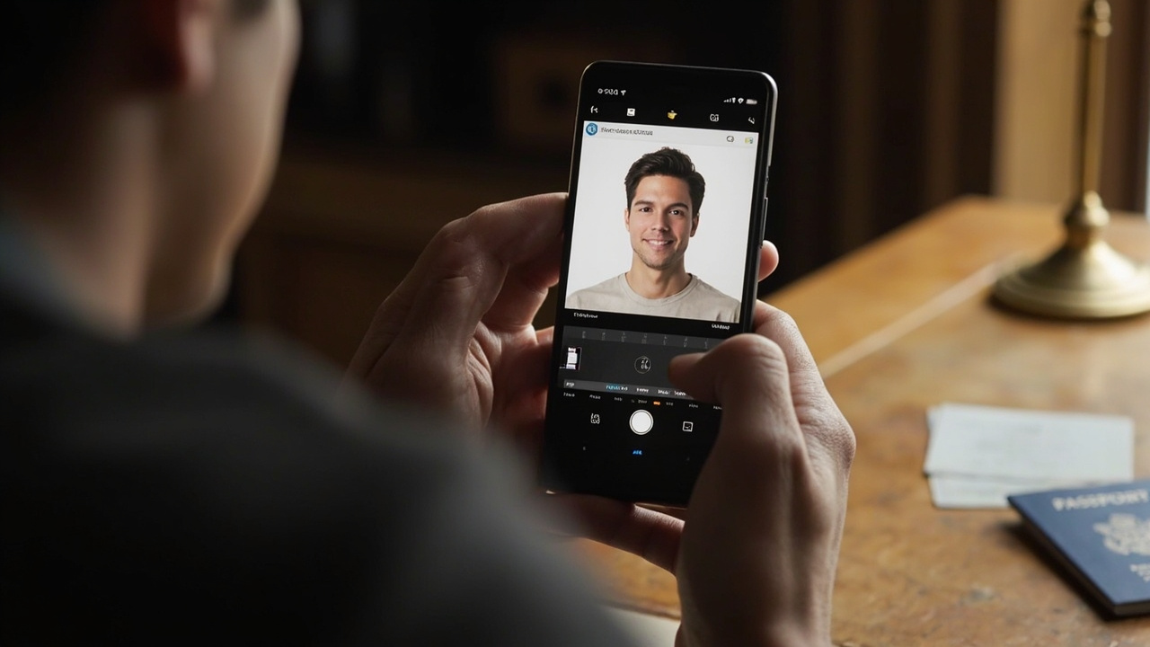 Hands holding a smartphone showing a generic square-crop photo editor over a captured headshot, on a warm wooden desk