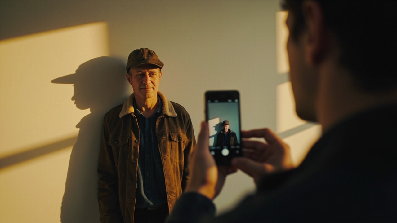 A partner holding a phone in portrait at eye level to photograph an American traveler with a neutral expression against a white wall