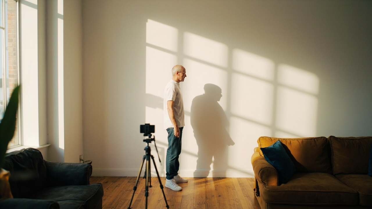 An American adult standing a short distance from a white wall, lit by daylight from a side window, with a phone on a small tripod ready to shoot