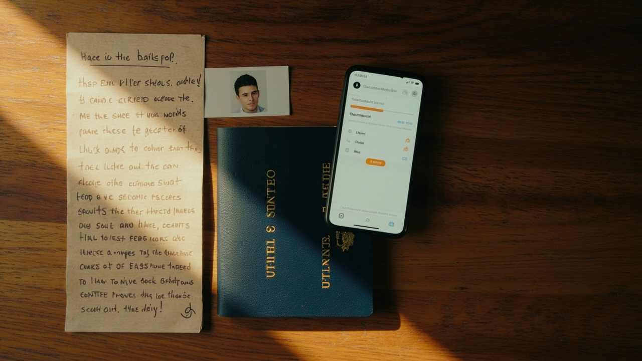 Overhead desk scene with a blue US passport, a printed headshot, and a smartphone showing a flagged application, lit by warm window light