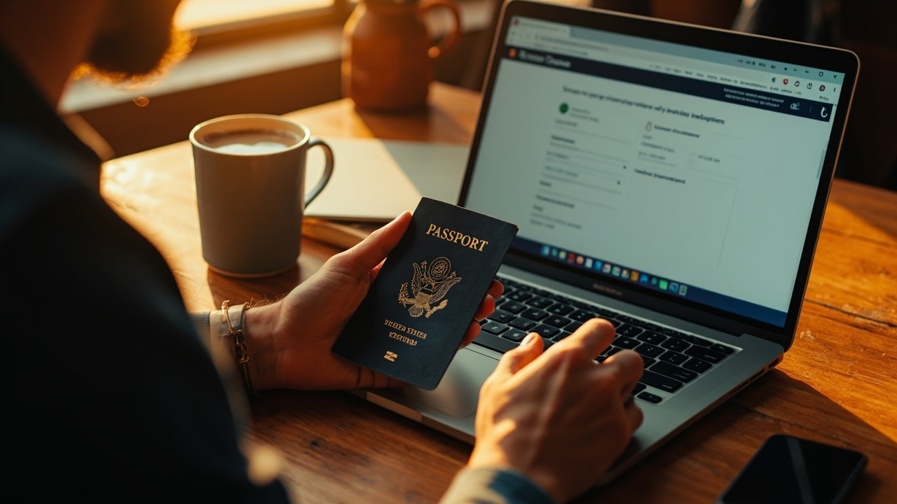 American traveler at a warm wooden desk carefully reading details off an open blue US passport while typing into a laptop at golden hour