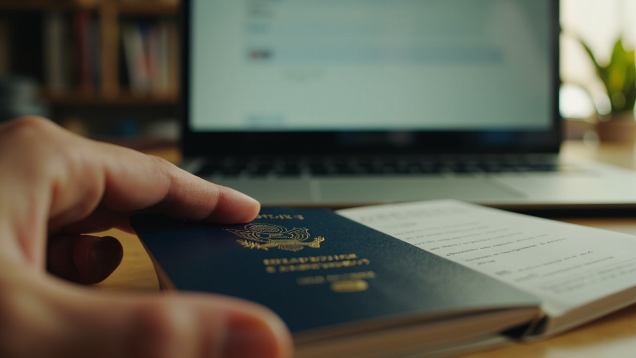 Close-up of an open blue US passport bio page on a warm wooden desk beside an open laptop, with a hand pointing toward the lower edge of the page