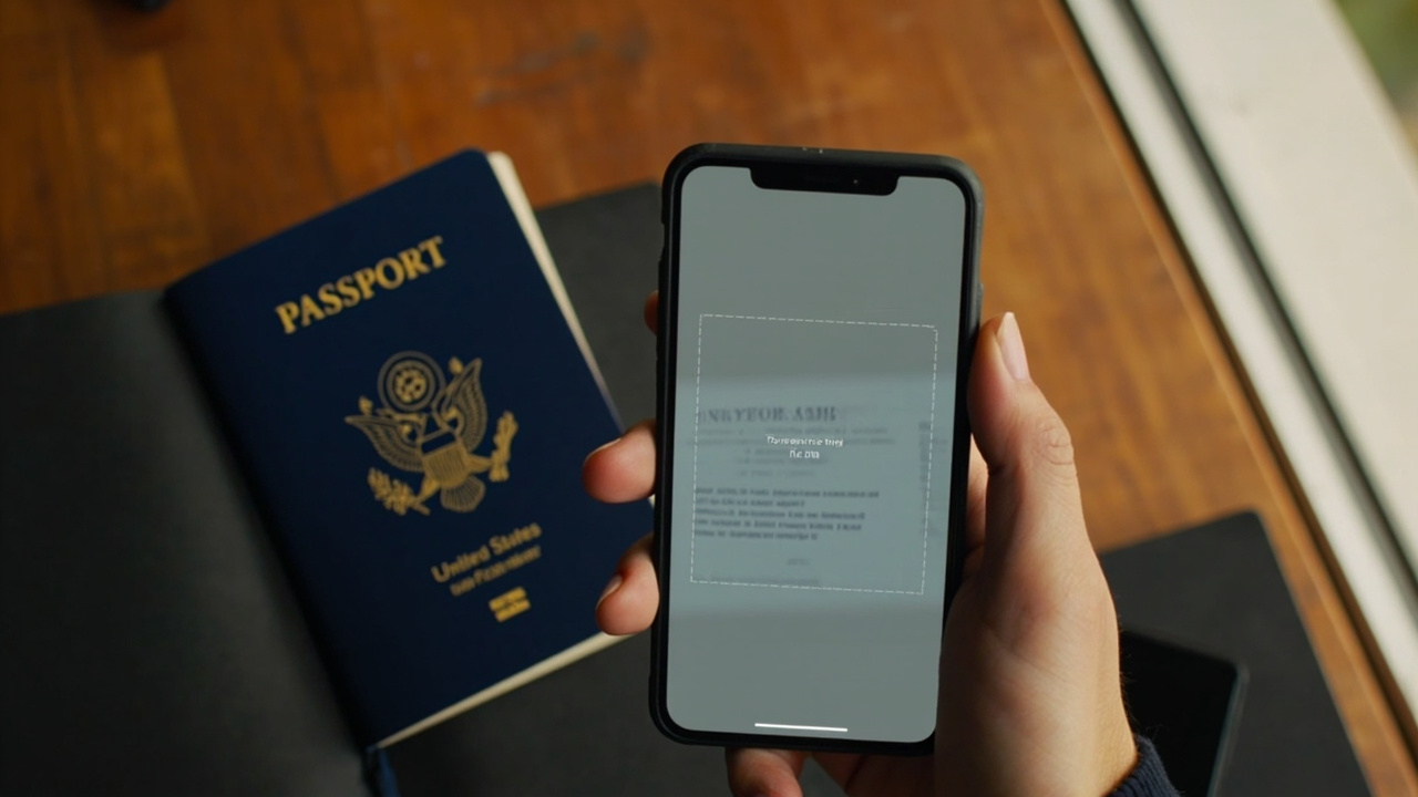 Overhead close-up of an open blue US passport on a dark notebook, with a smartphone above it showing a generic document-scanner capture frame in soft side daylight