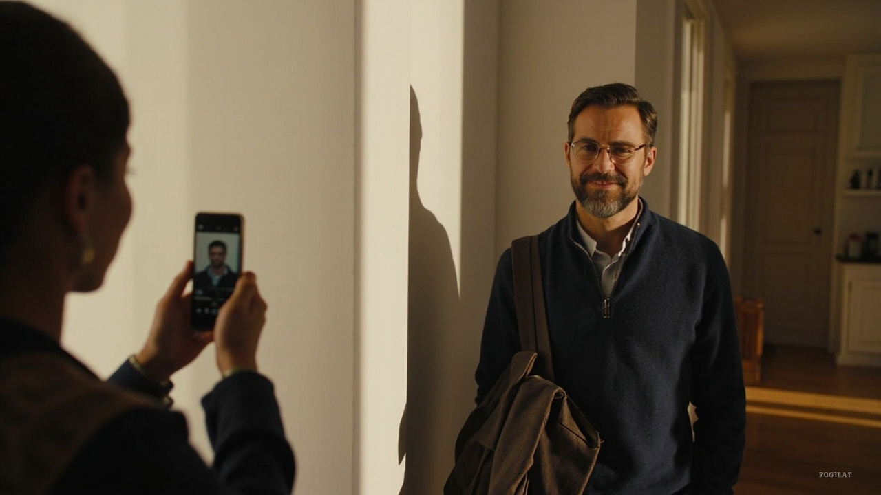 American traveler in their late 30s taking a passport-style photo with a smartphone against a plain white wall in a sunlit US home, neutral expression and no glasses