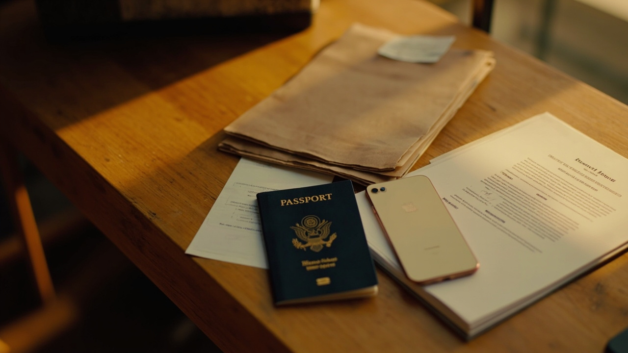 A neat blue US passport, a printed photo, and a smartphone on a desk beside a closed folder of business letterhead pushed aside as not required