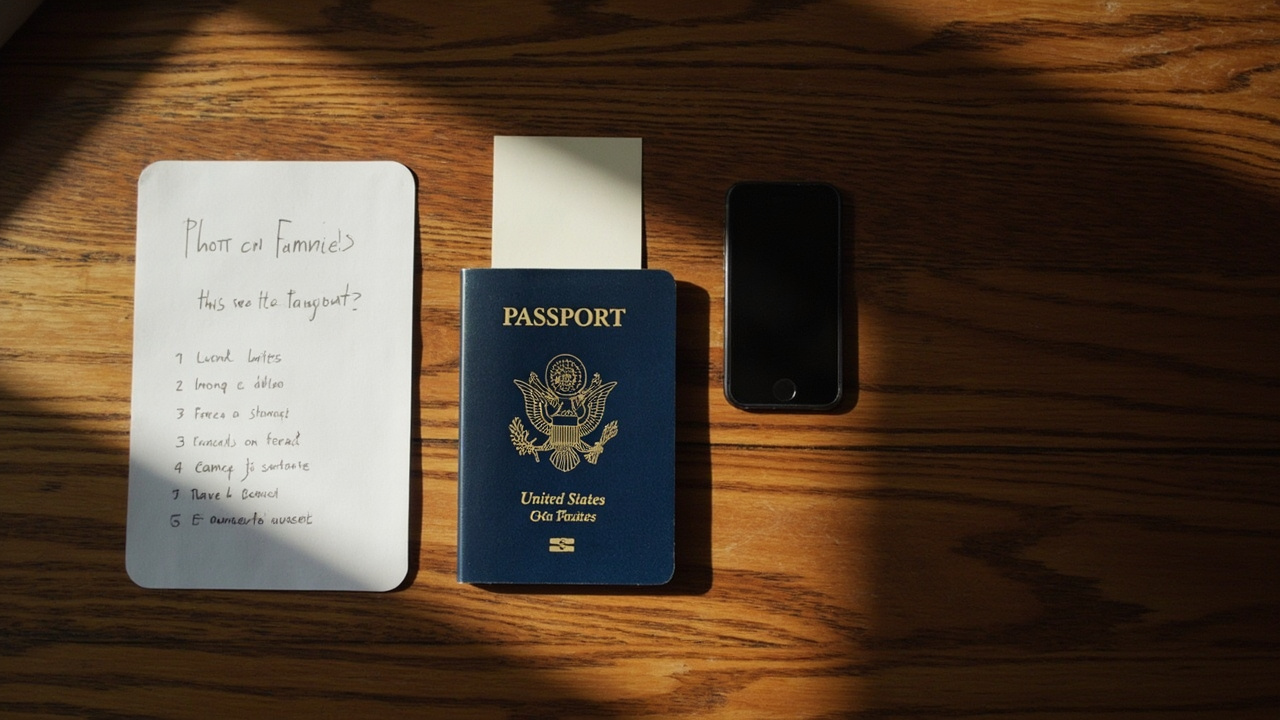 Overhead flat-lay of a blue US passport, a printed passport photo, a smartphone, and a handwritten five-item checklist on a warm wooden desk