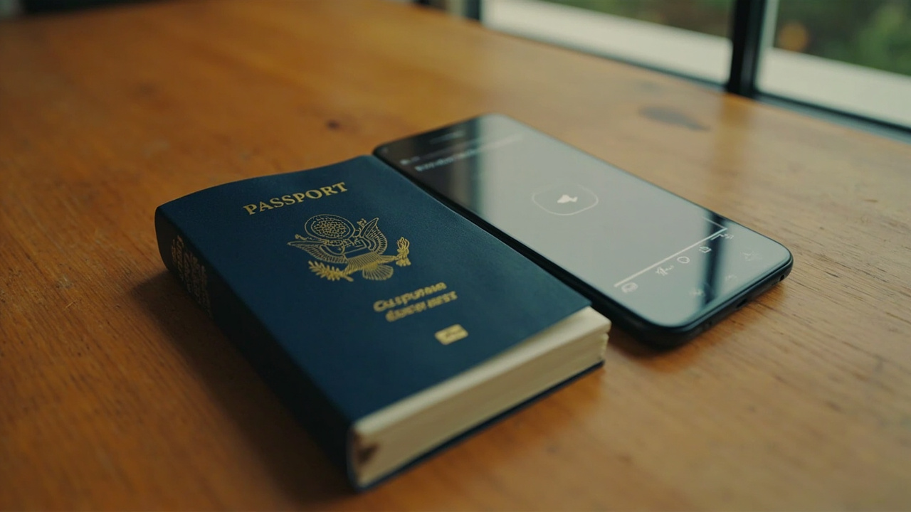 Overhead close-up of a closed blue US passport on a warm wooden table beside a smartphone showing a generic document-scanner UI