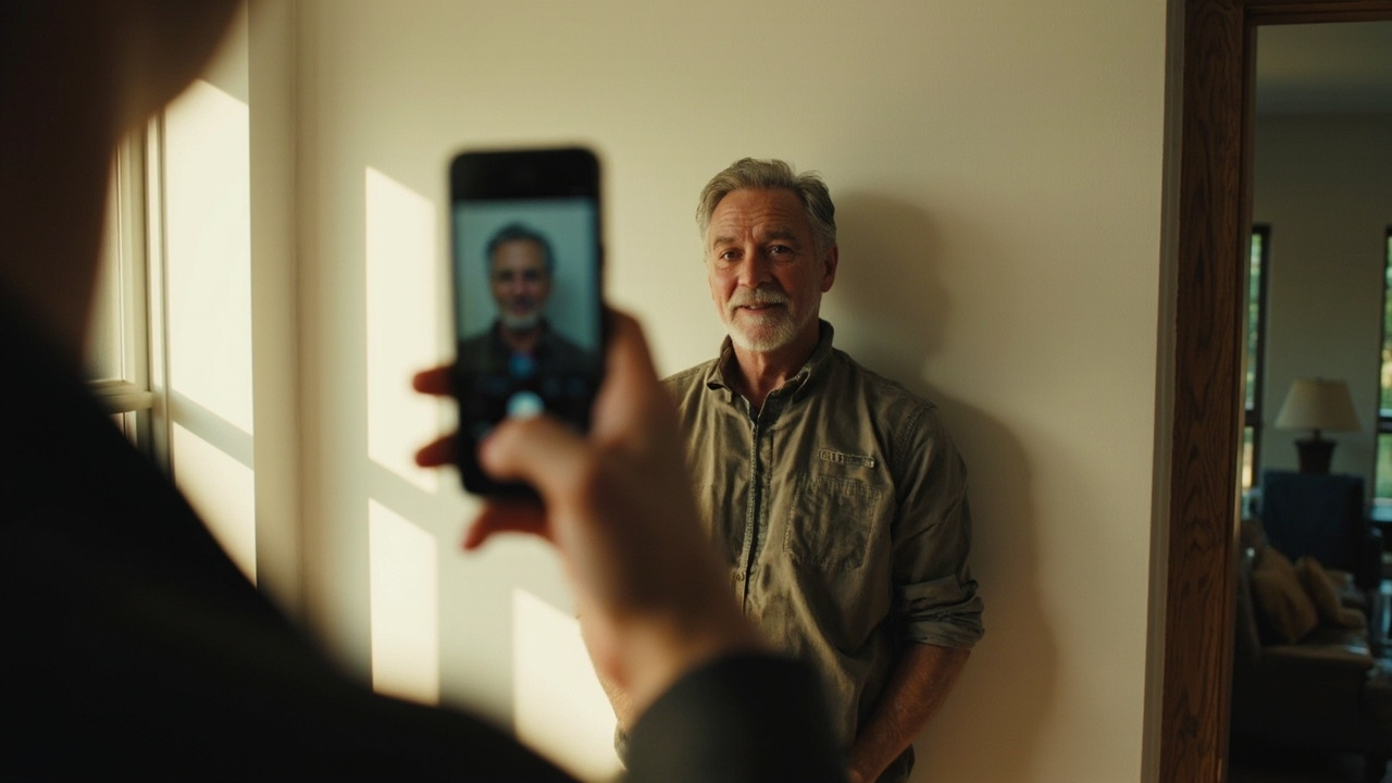 American traveler in their early 40s taking a passport-style photo with a smartphone against a plain white wall in a sunlit US home