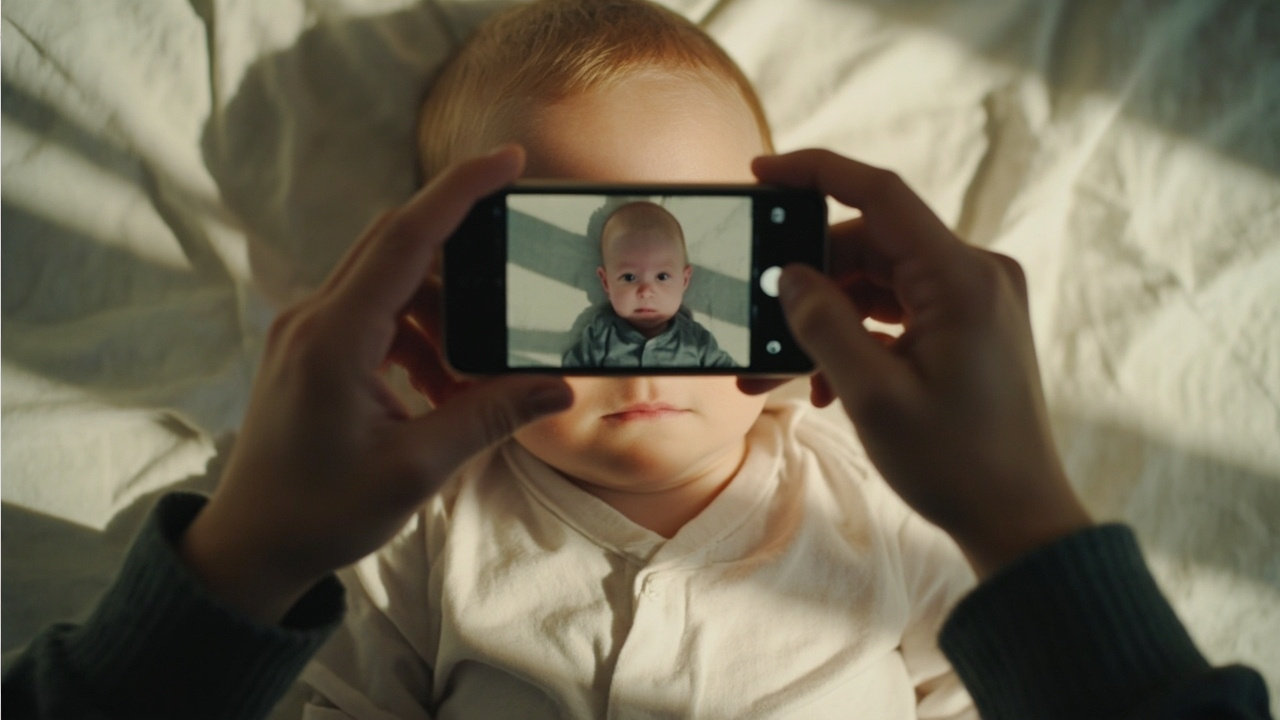 Overhead view of a calm infant lying on their back on a plain white sheet while an American parent photographs them straight down with a smartphone in soft daylight