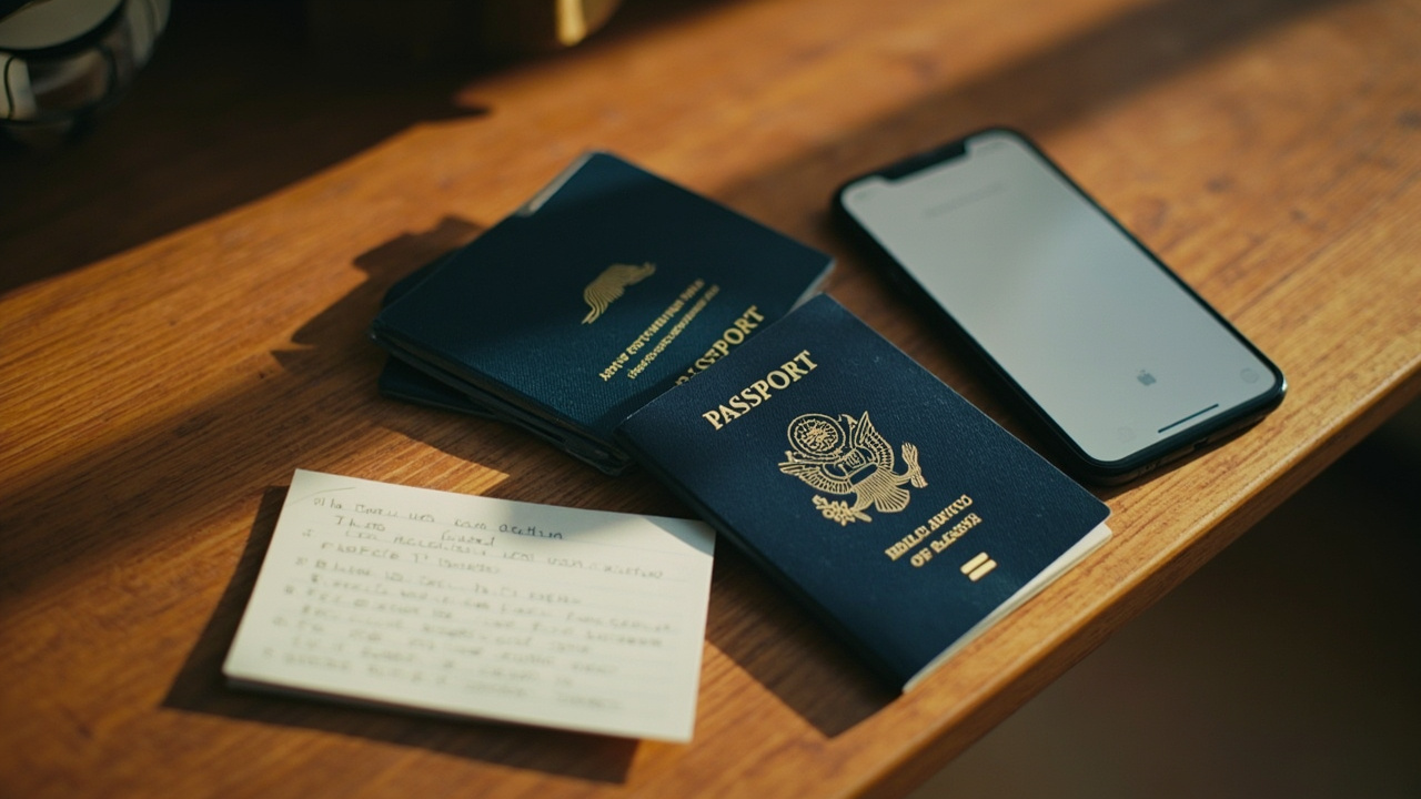 Overhead close-up of two small blue US child passports stacked beside a smartphone showing a generic camera UI and a soft handwritten checklist card on a warm wooden table