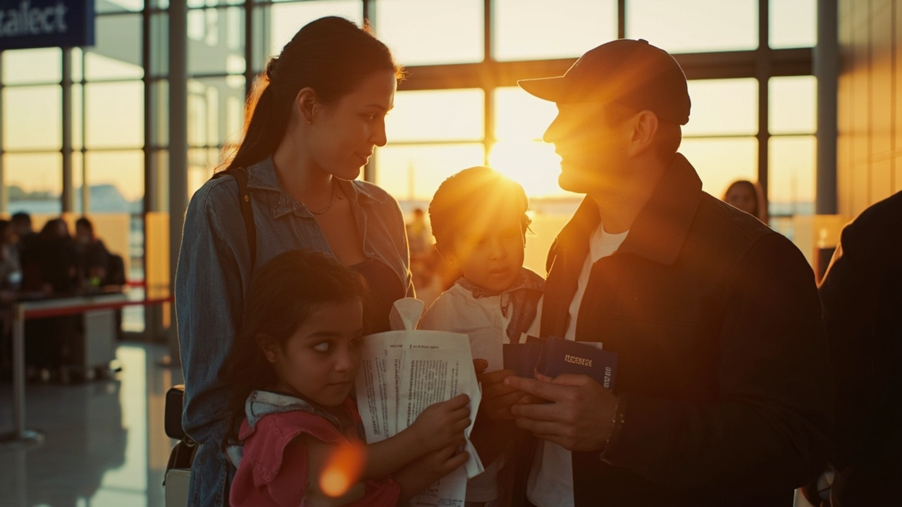American family with two young children waiting calmly at a soft-focus airport immigration counter at golden hour, a parent holding several passports and folded printouts