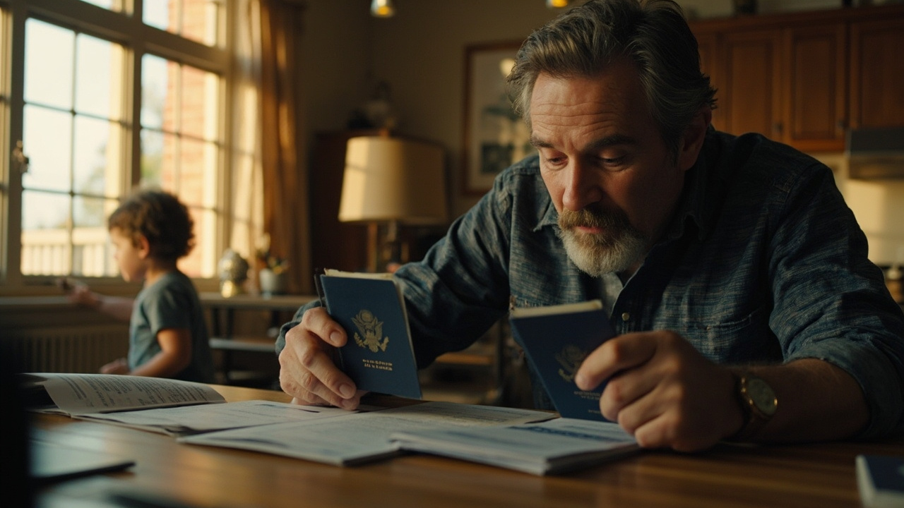American parent at a sunlit home desk checking the expiry pages of several US passports laid out side by side with a small child playing nearby