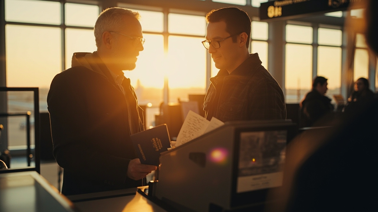 American traveler calmly presenting an open blue US passport and a folded printout at a soft-focus airport immigration counter at golden hour