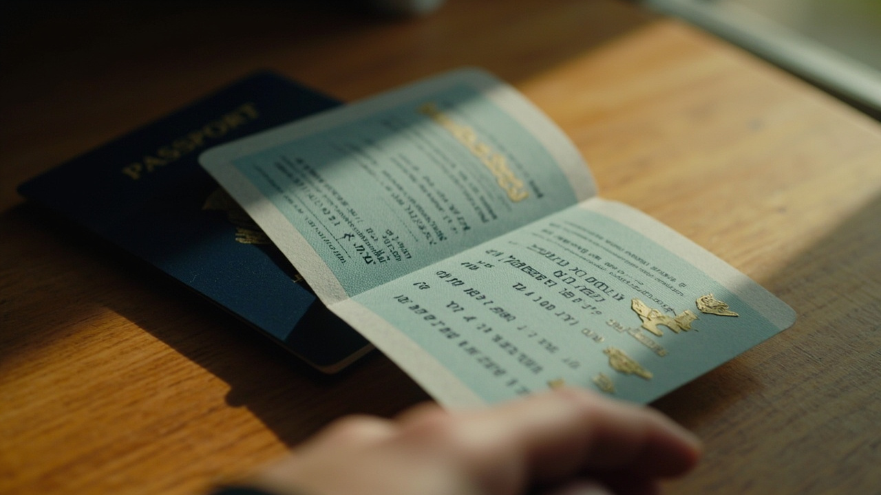 Overhead macro close-up of a blue US passport open flat to the bio page, a fingertip resting near the two machine-readable lines at the bottom