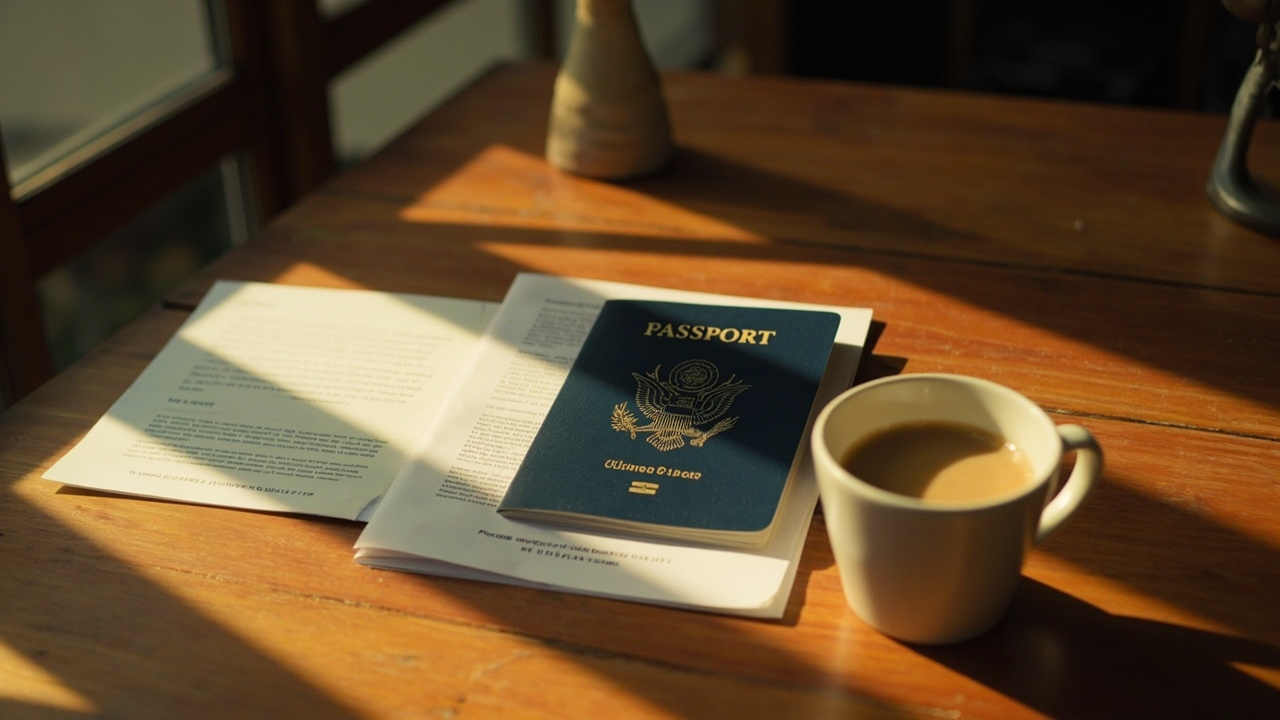 Two blue US passports and a folded document on a warm wooden desk, suggesting a name change and passport renewal, in soft golden-hour light