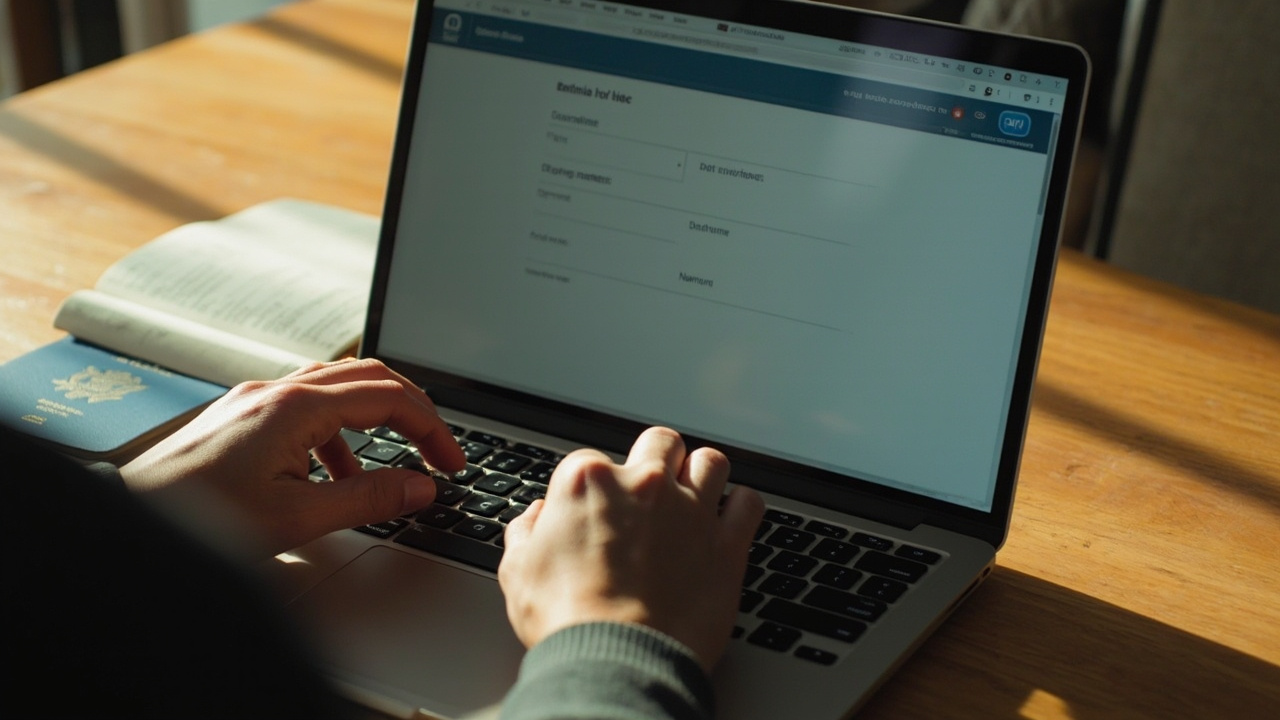 American applicant's hands typing on a laptop showing a generic form with separate surname and given-names boxes, a blue US passport open beside the keyboard