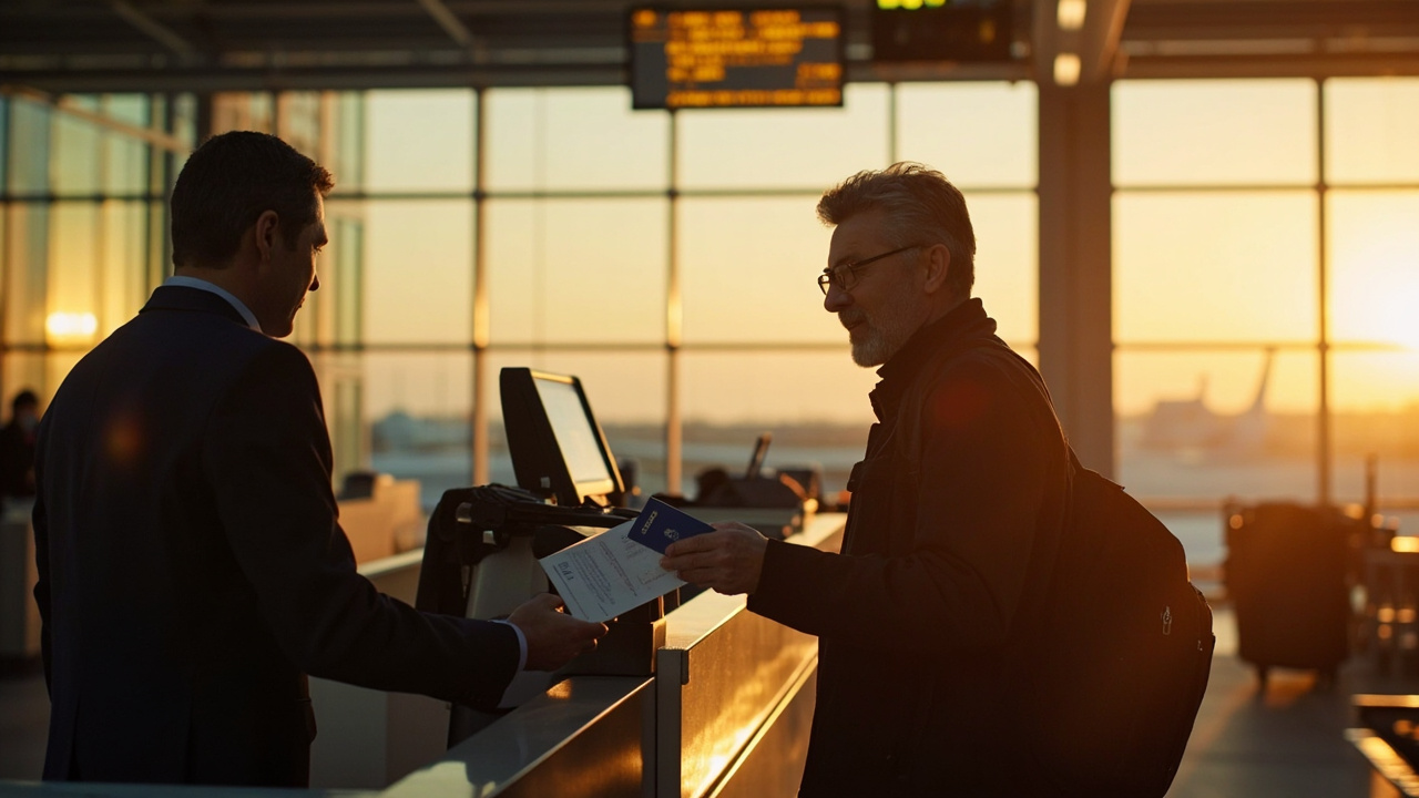 American traveler calmly handing a blue US passport and a folded printout to an airline agent at a soft-focus US airport check-in counter at golden hour
