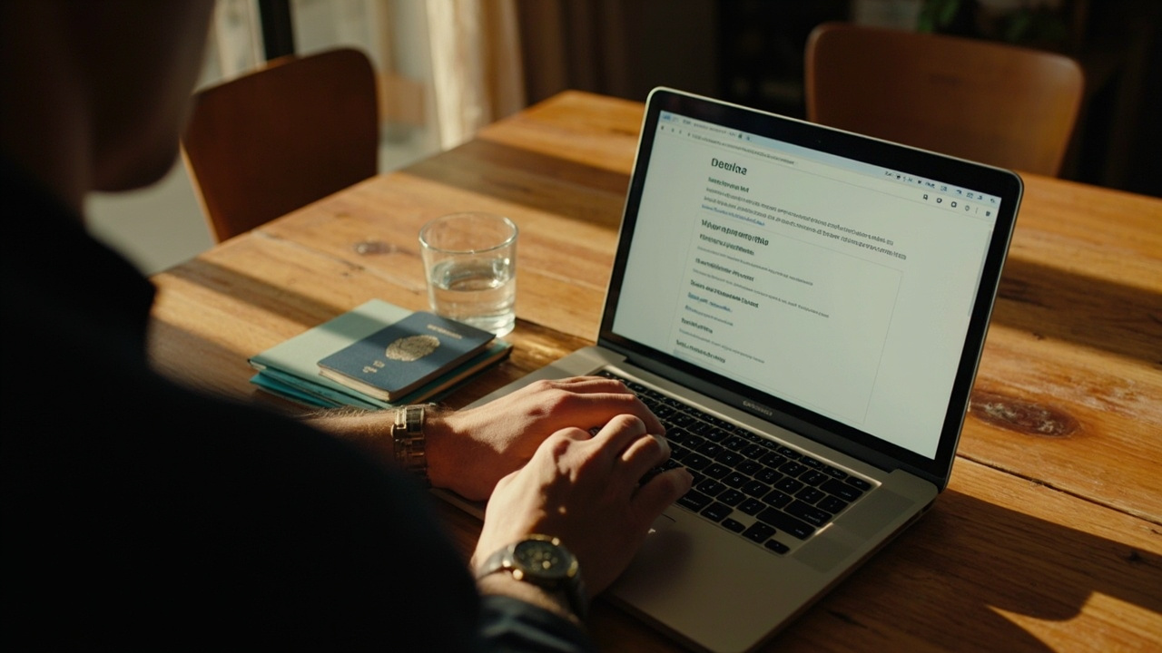 American traveler at a laptop reviewing a generic visa-application form, with a blue US passport beside the keyboard on a warm wooden desk