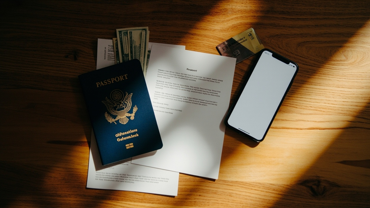 Travel essentials laid out before a trip — a blue US passport, a folded printed eVisa, a phone, and a payment card on a warm wooden surface