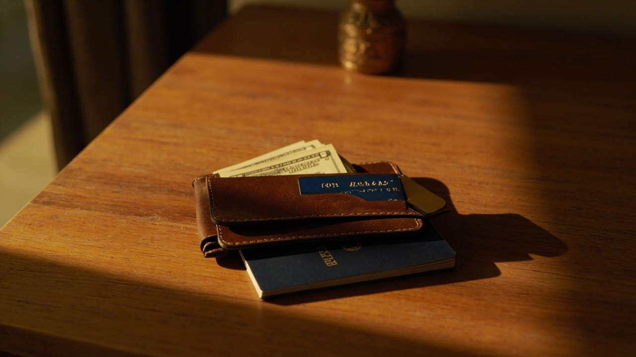 Generic payment card and a small fan of US dollar bills tucked into a leather travel wallet beside a blue US passport on a warm wooden desk