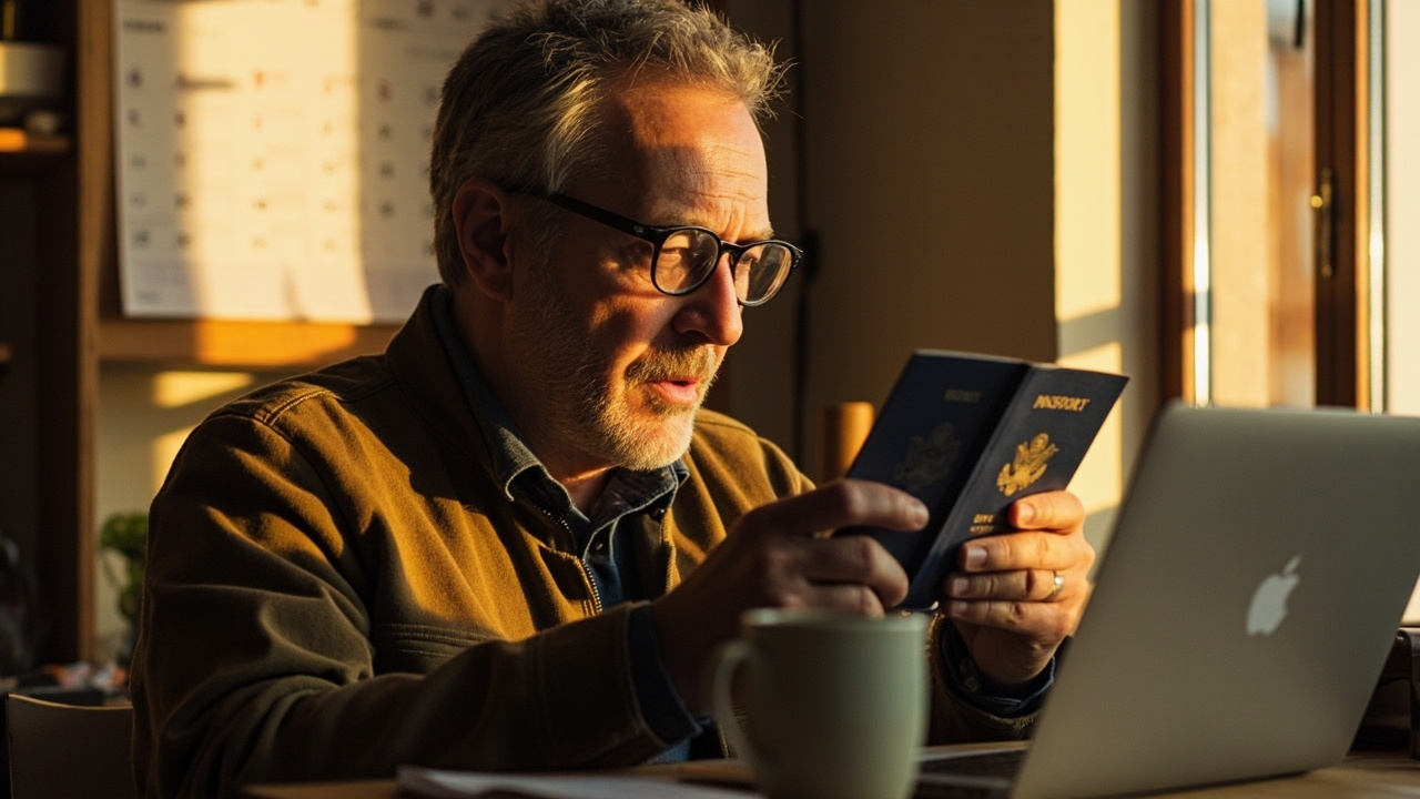 American traveler in their forties at a sunlit home desk checking a passport bio page against a wall calendar to count six months of validity