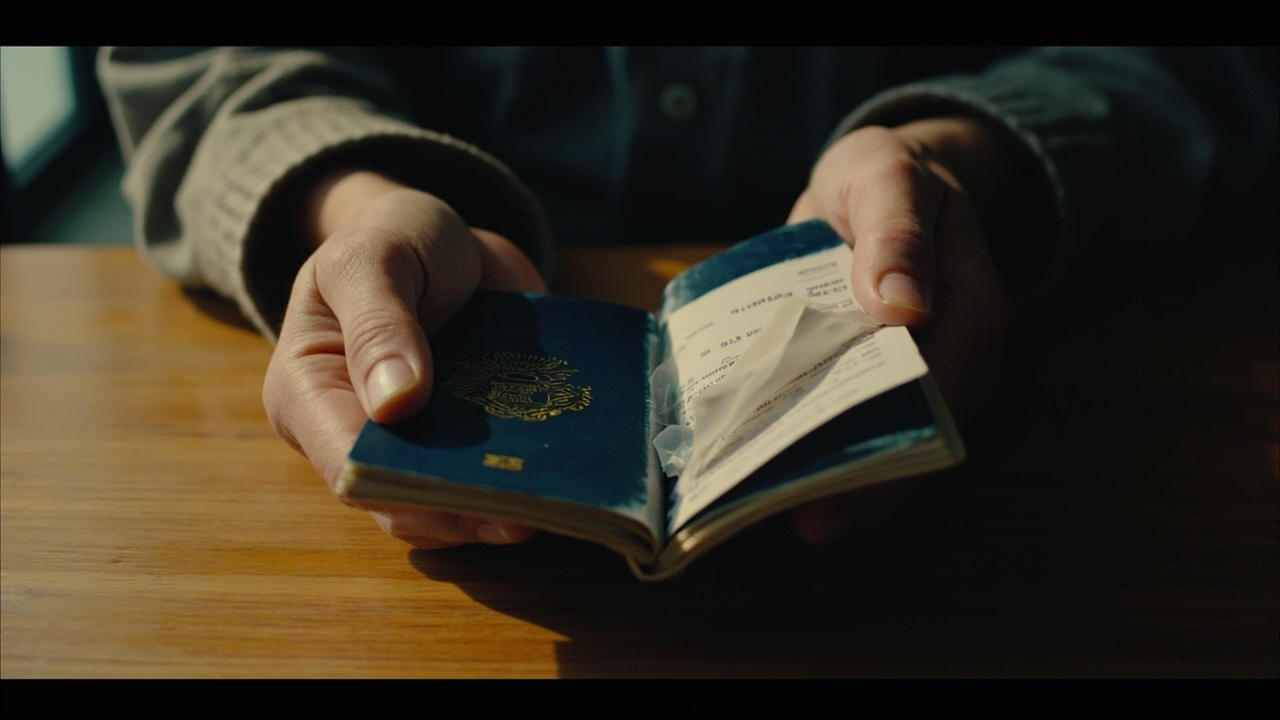 Close-up of a water-warped blue US passport with a peeling bio-page laminate held in two hands over a warm wooden desk