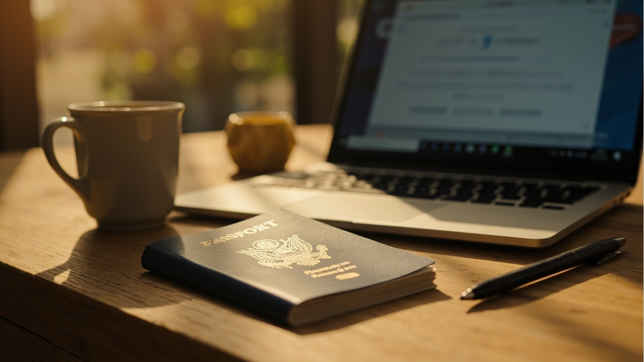 A crisp new blue US passport open beside an open laptop on a warm wooden desk, ready to apply online for a Cambodia eVisa