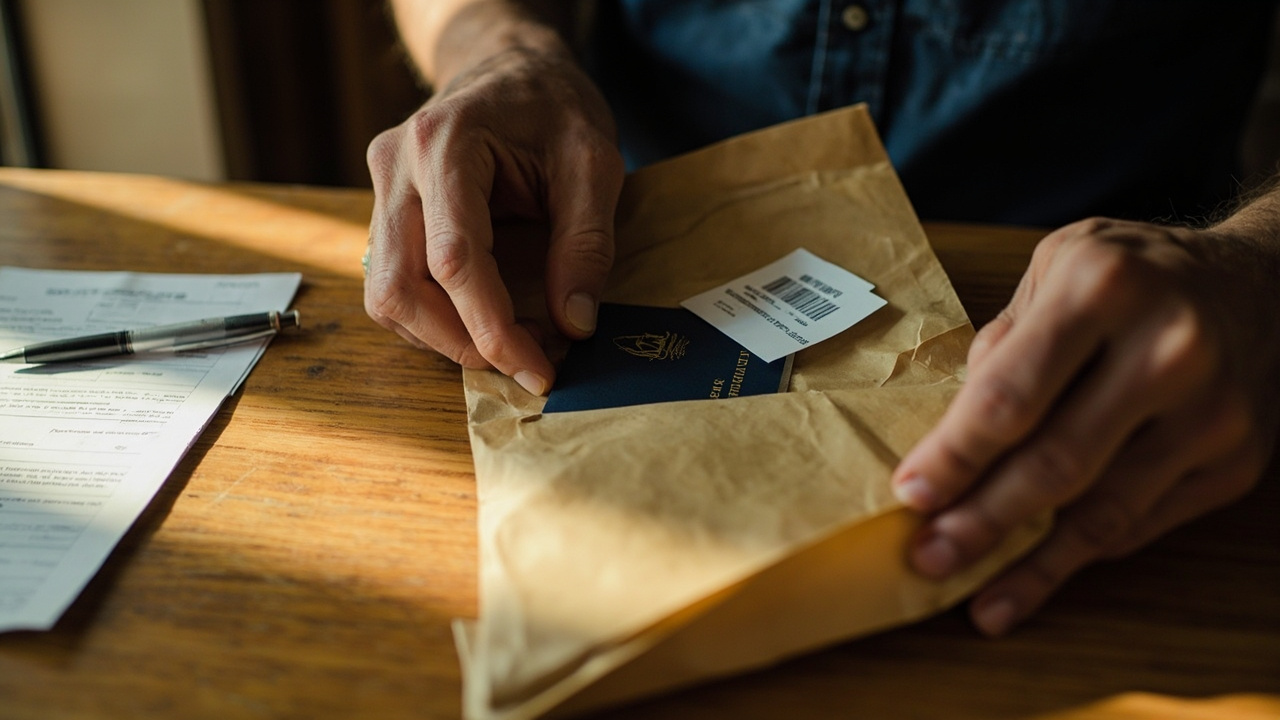 American traveler placing a passport renewal envelope and an old blue US passport into a mailer on a warm wooden table at home