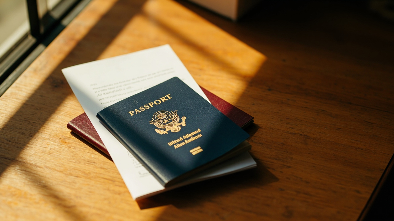 Two passports fanned on a warm wooden desk beside a printed eVisa, with an American blue passport selected for the gate at golden hour