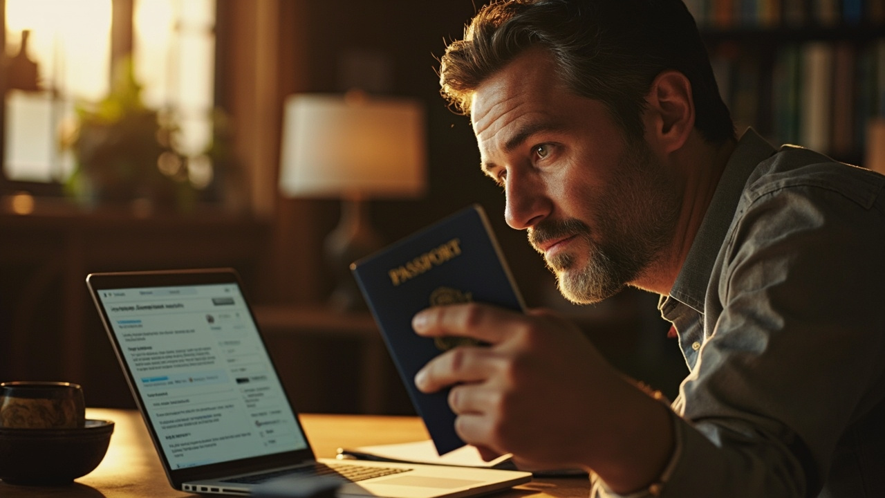 American traveler in their late 30s at a sunlit home desk holding up a blue American passport while a second passport rests on the desk, deciding which to travel on