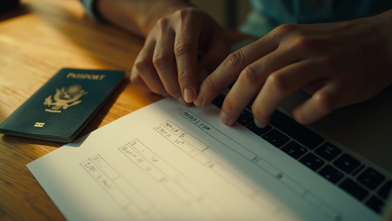 Close-up of hands at a laptop carefully typing a name into a generic application form while glancing at a single open passport on a warm wooden desk