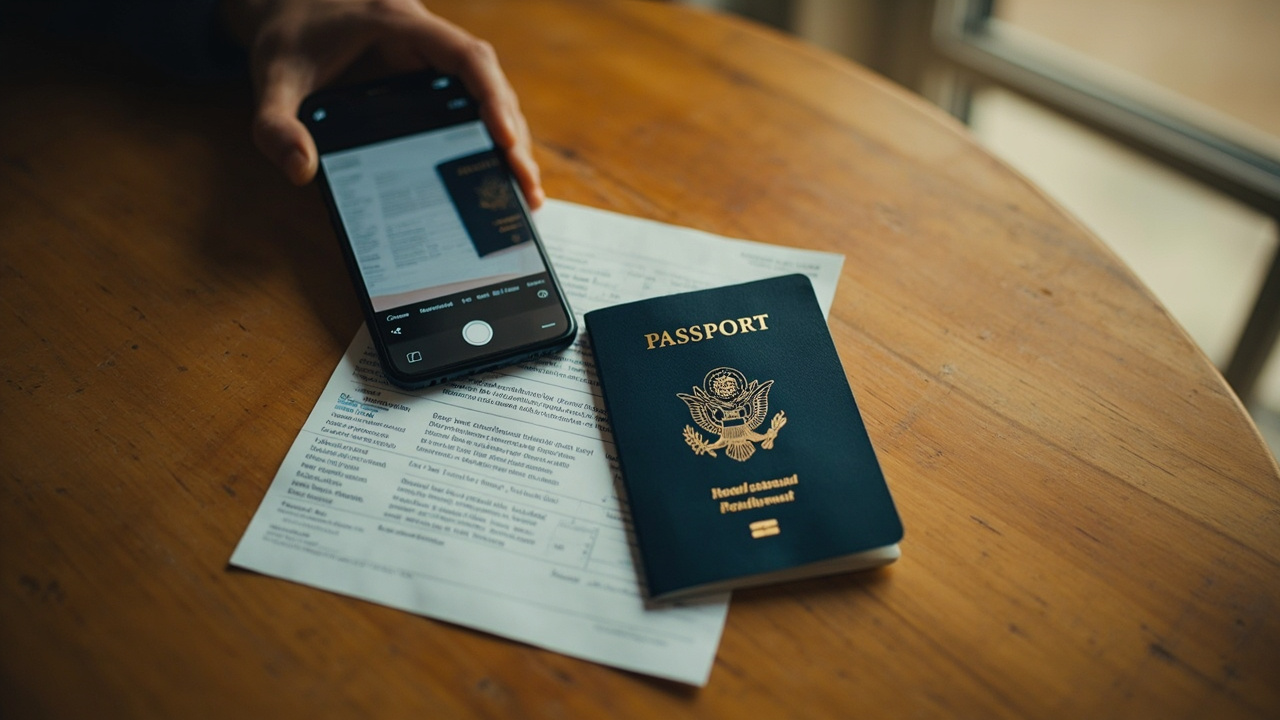 Overhead close-up of a single blue American passport open beside a folded printed eVisa on a warm wooden table, a smartphone showing a generic scan UI nearby
