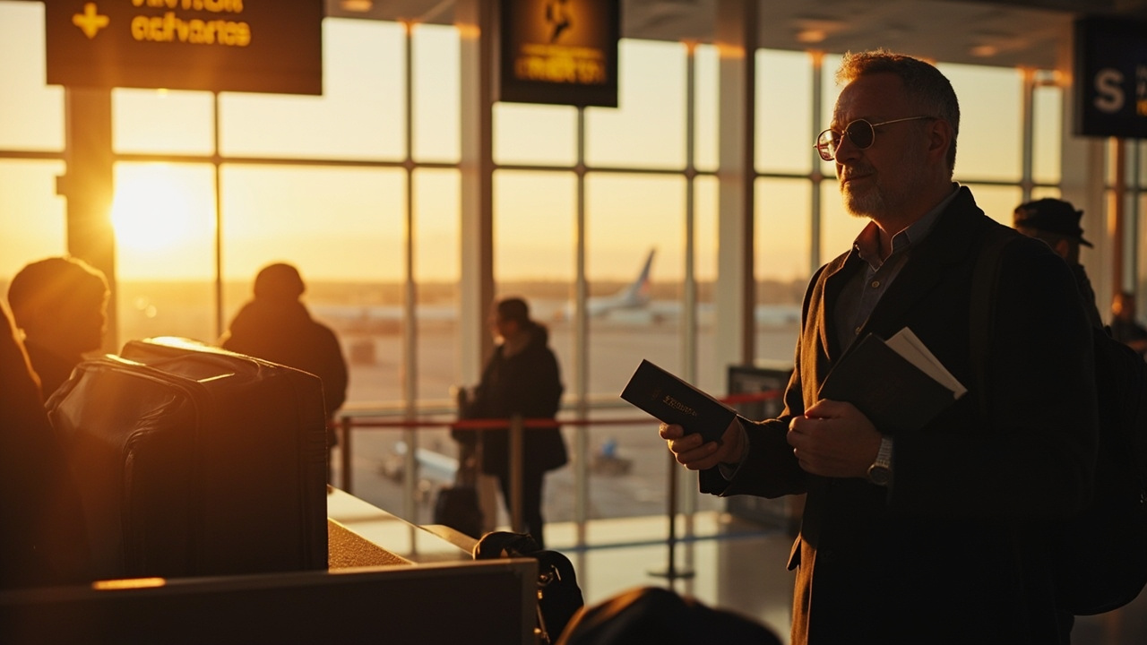 American traveler calmly presenting a single blue passport at a soft-focus airport gate counter at golden hour, the second passport tucked away in a bag