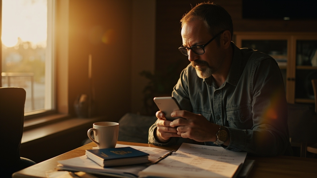 American traveler at a sunlit home desk holding a smartphone with a generic date-picker on screen, checking it against a folded flight printout