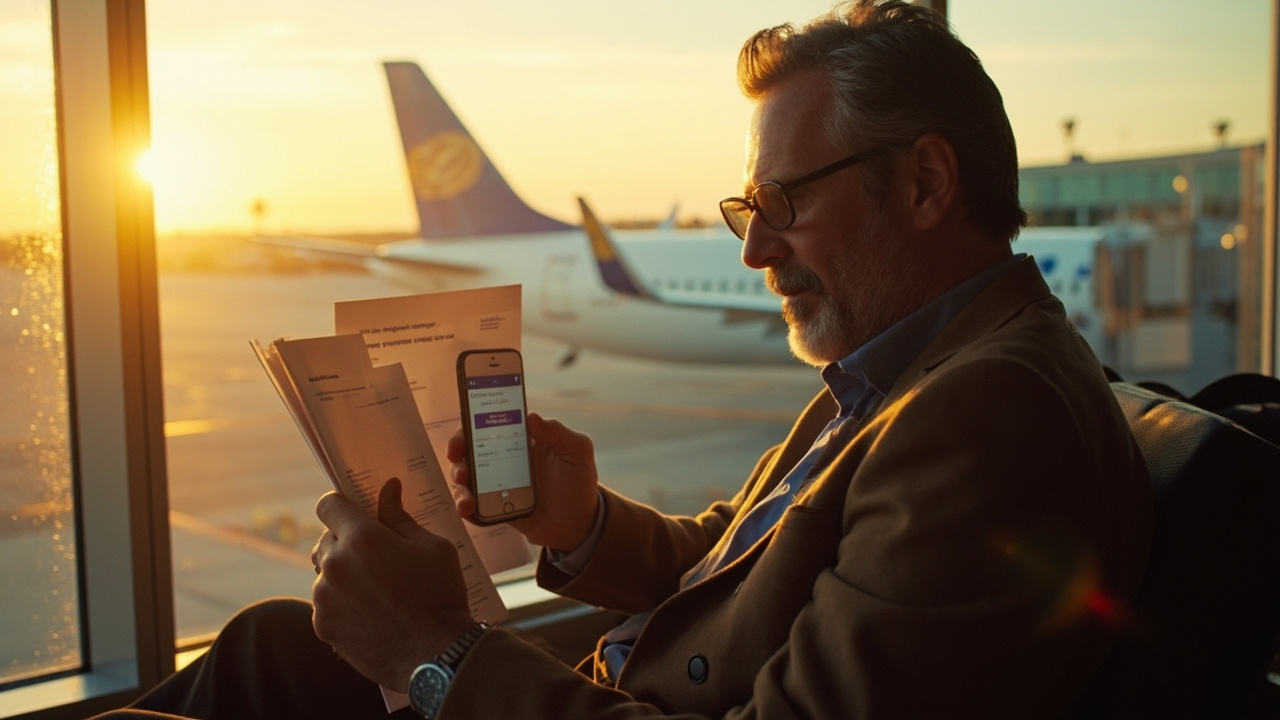 American traveler checking a folded boarding pass against a smartphone form at an airport gate window at golden hour, entering the final connecting-flight details