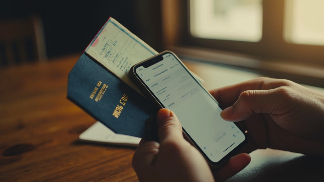 Close-up of hands holding an open blue US passport beside a smartphone, copying identity details into a generic form at a sunlit desk
