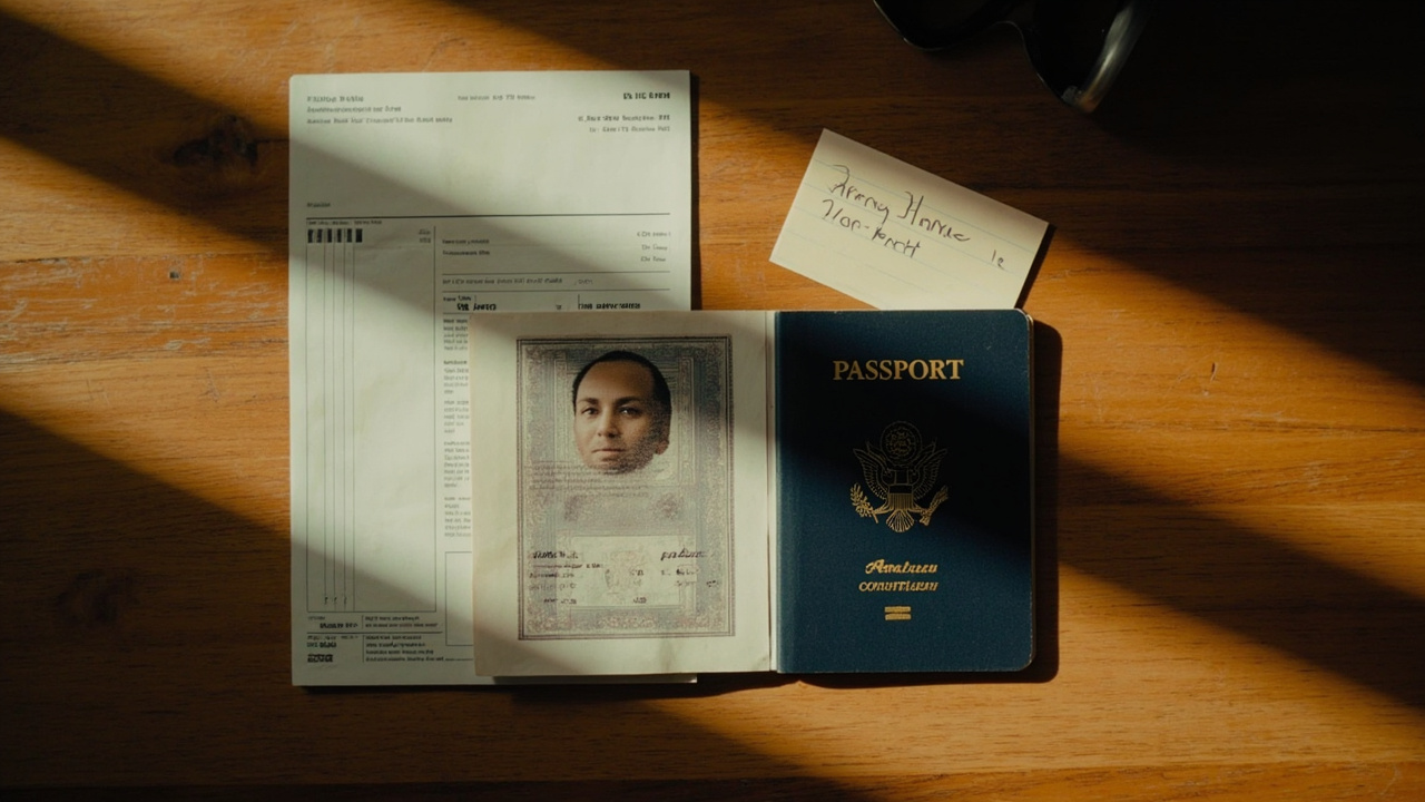 Overhead flat-lay of the three things to gather first — an open blue US passport, a folded flight printout, and a handwritten note with a hotel name — on a warm wooden desk