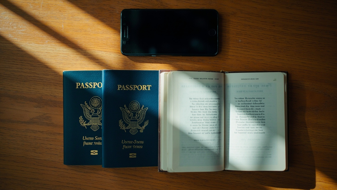 Overhead comparison of a crisp, evenly lit US passport bio-page scan beside a blurry, glare-washed one on a warm wooden desk
