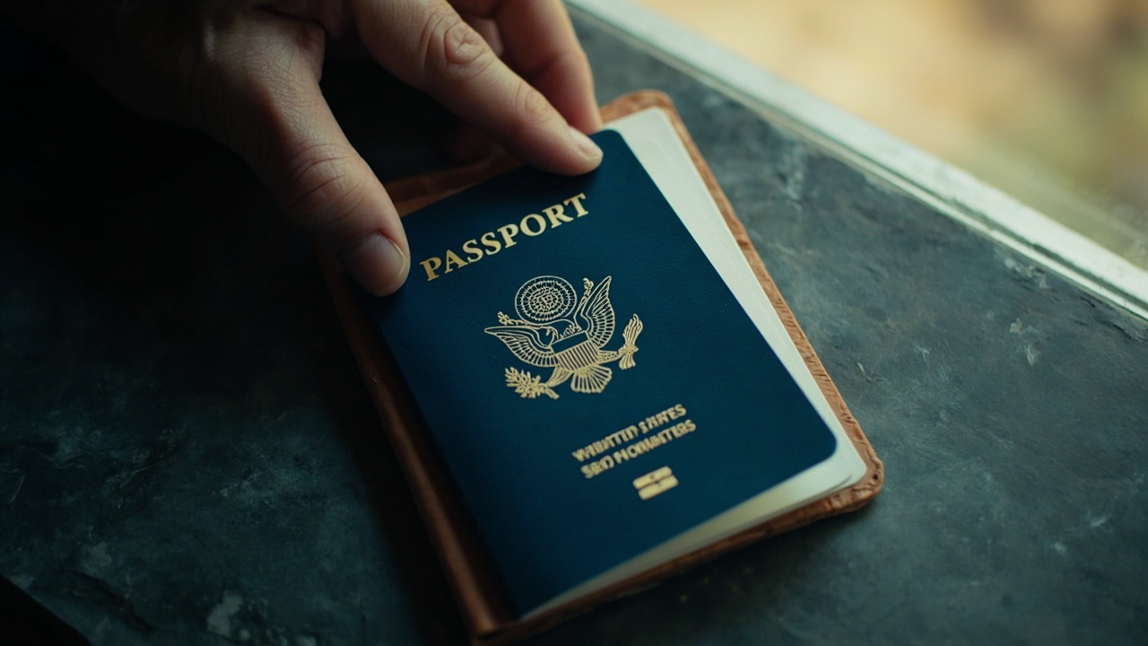 A blue US passport tilted a few degrees on a dark surface so a window reflection slides off to the side, photographed from above