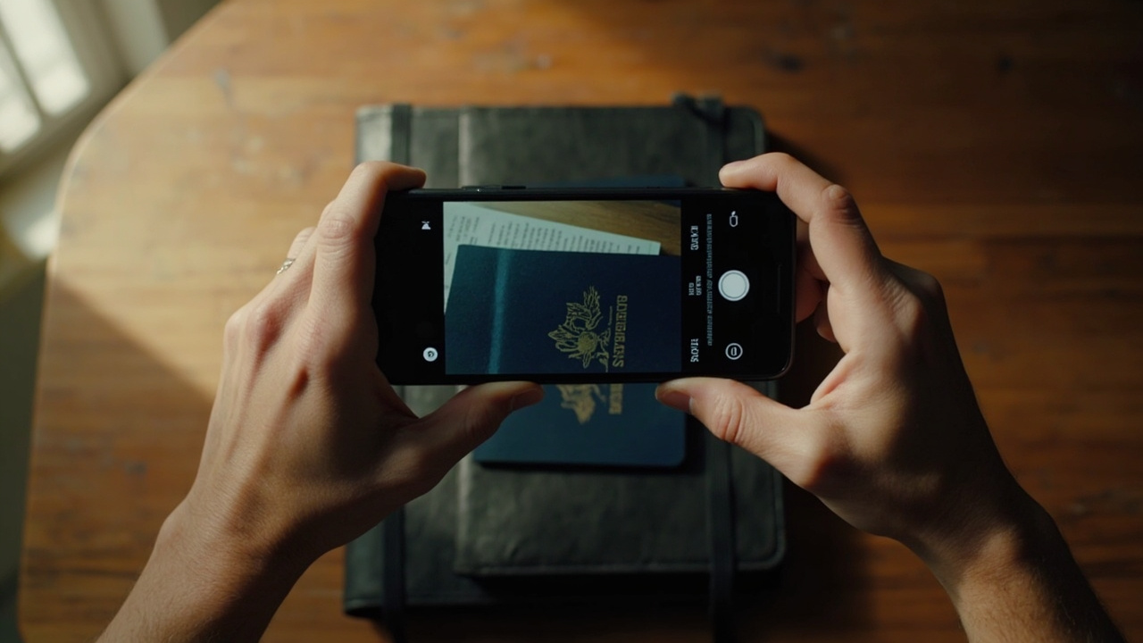Hands holding a smartphone parallel above an open blue US passport on a dark notebook in soft side daylight