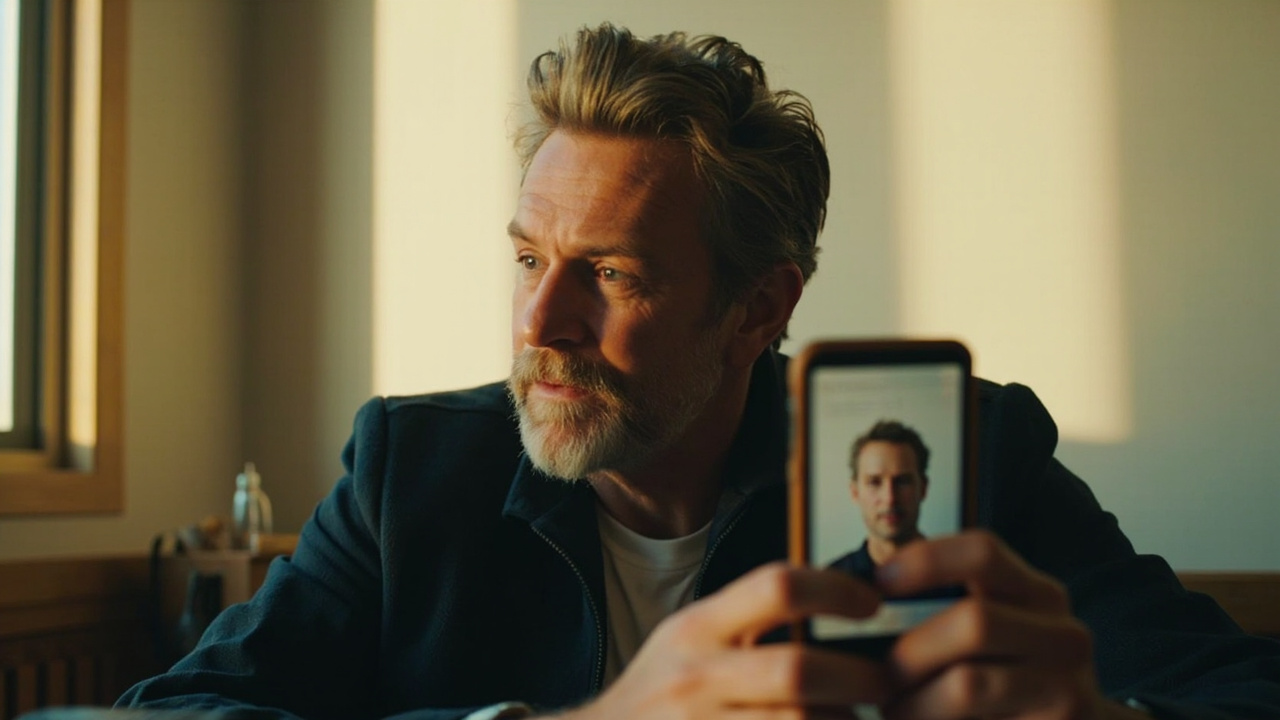 American traveler reviewing a plain passport-style headshot on a smartphone while cropping it to a square against a sunlit desk