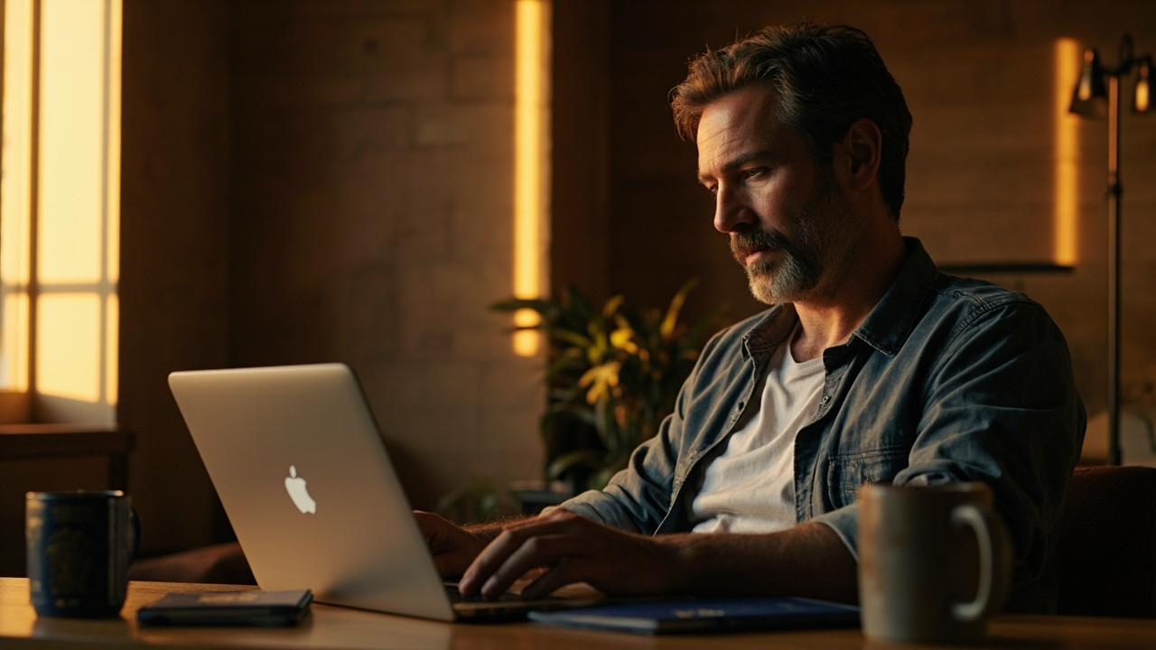American at a warm wooden desk reading a generic email on a laptop with a blue US passport and smartphone ready for a re-upload