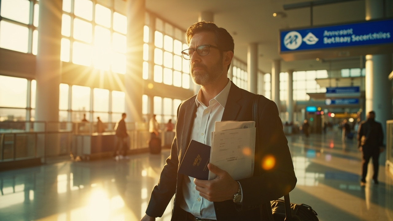 An American traveler walking calmly through a bright modern airport arrivals hall with a passport and folded printout in hand at golden hour
