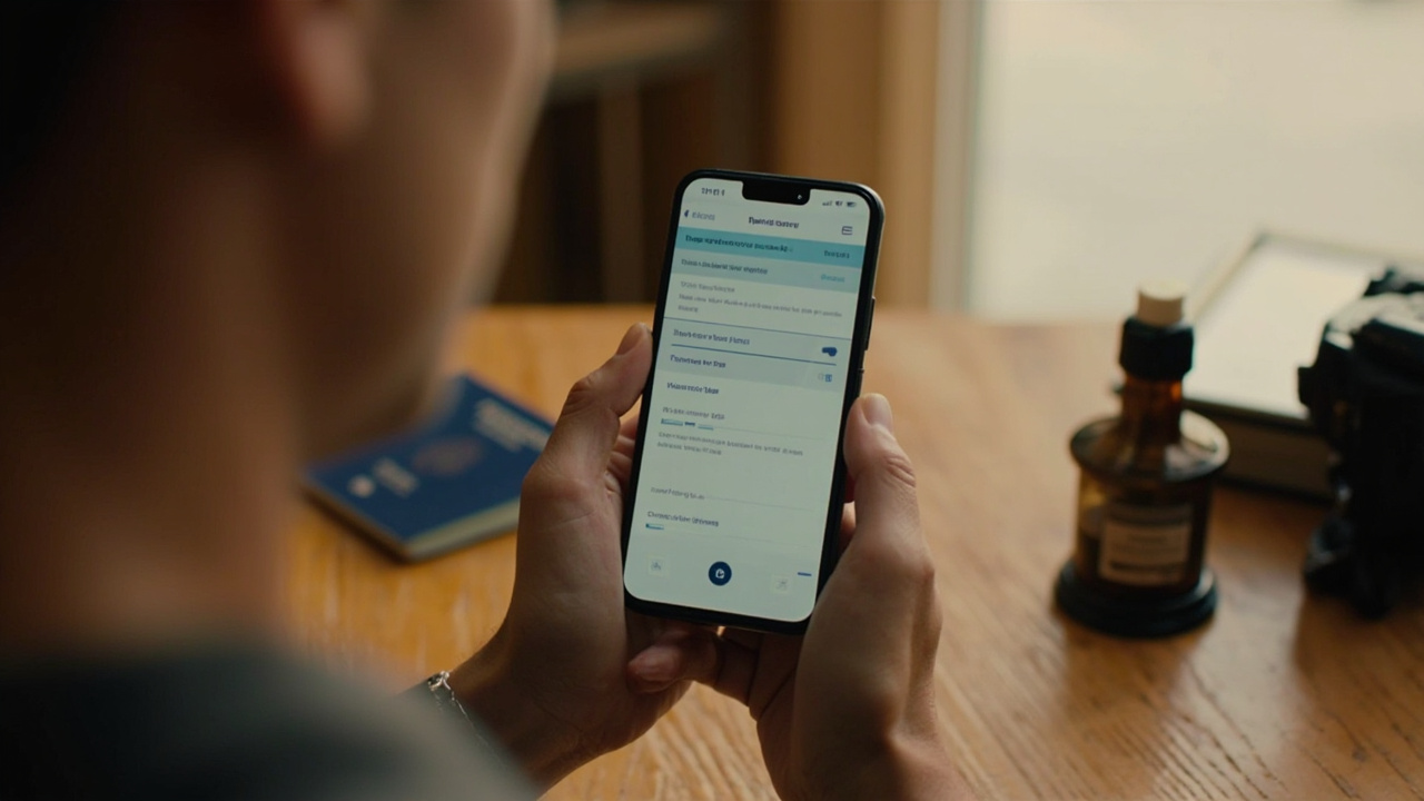 An American traveler filling in a generic digital arrival form on a smartphone beside a blue US passport on a warm wooden table