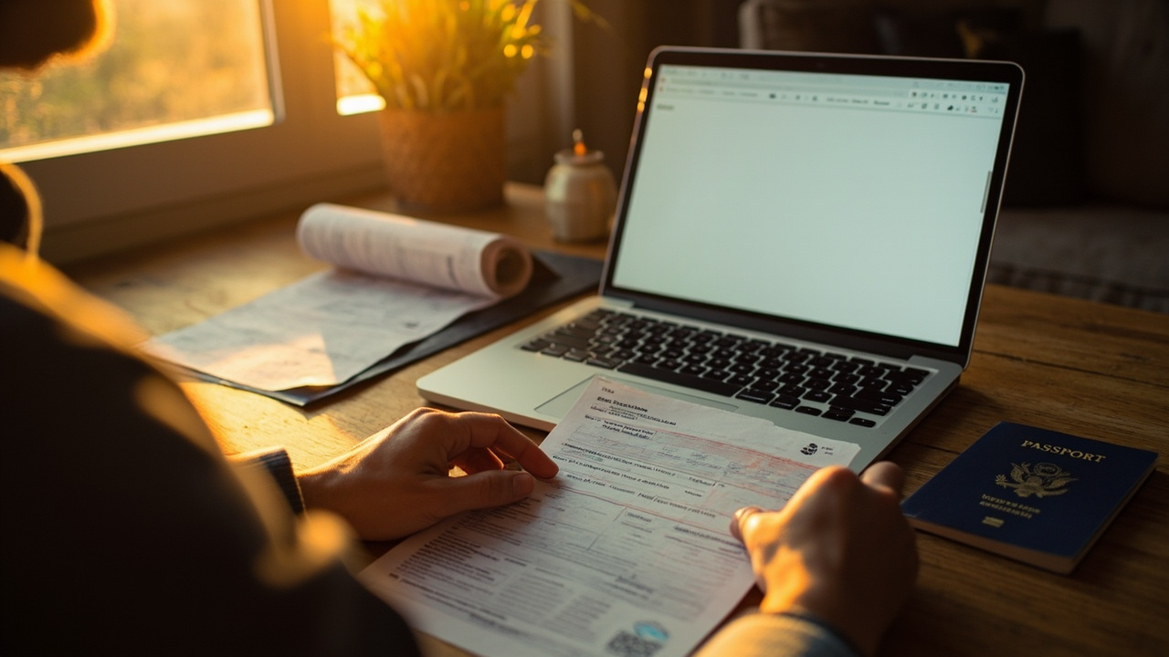 An American traveler reviewing an approved eVisa PDF on a laptop beside a printed copy and a blue US passport on a sunlit desk