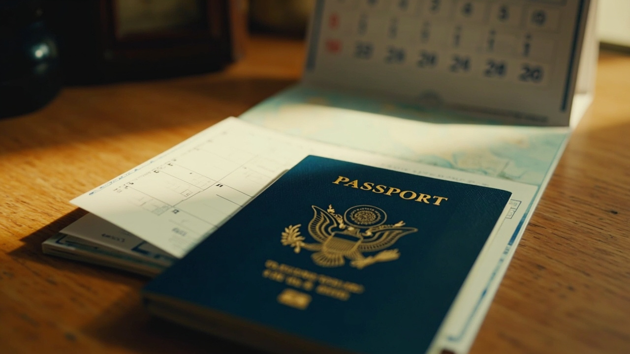 A blue US passport opened flat to a clean blank visa page on a warm wooden desk beside a softly out-of-focus calendar