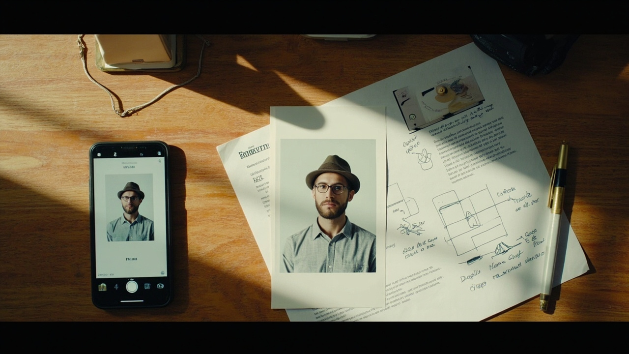 Spec sheet showing a compliant passport-style headshot of an American traveler against a plain white background with an at-home setup diagram
